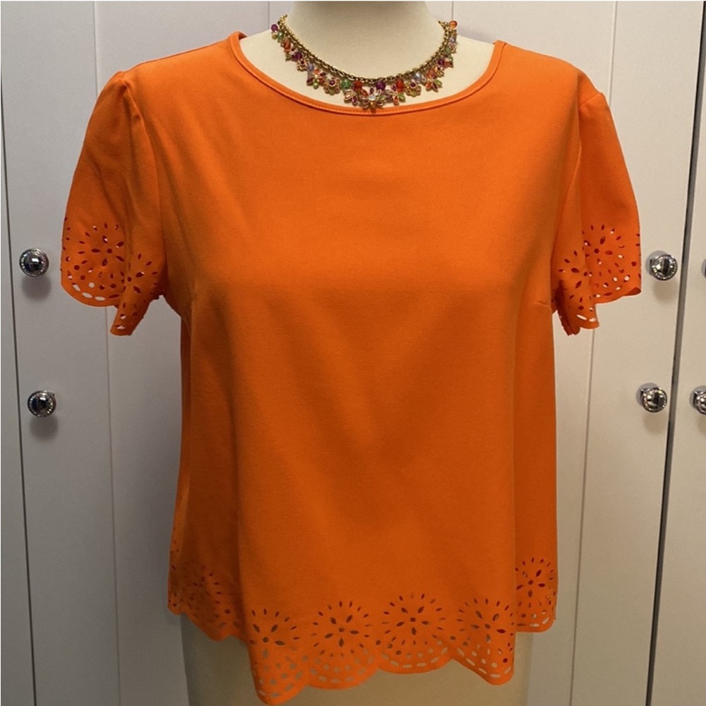 Orange Short Sleeved Top With Laser Cutout Accent Sz MED